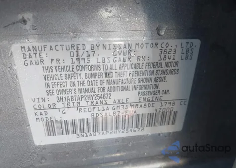 2017 Nissan Sentra S z USA, uszkodzony, nr VIN 3N1AB7AP2HY254672